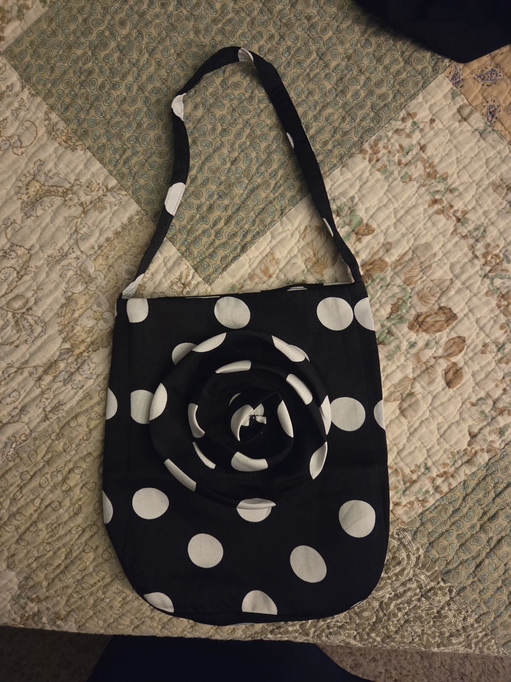Black and White Polka Dot Shoulder Bag with Rosette Accent